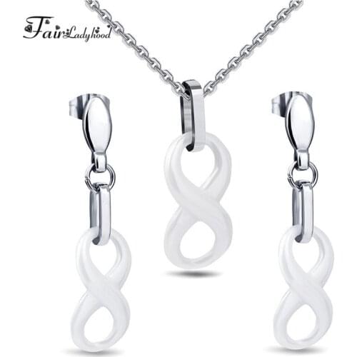 Fairladyhood Fashion Accessories White Porcelain Stainless Steel Necklaces and Earrings Jewelry Set