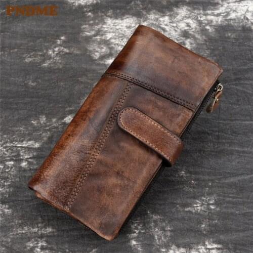 Retro stitching genuine leather mens long hasp wallet casual designer real cowhide multi-card ID card holder RFID coin purse