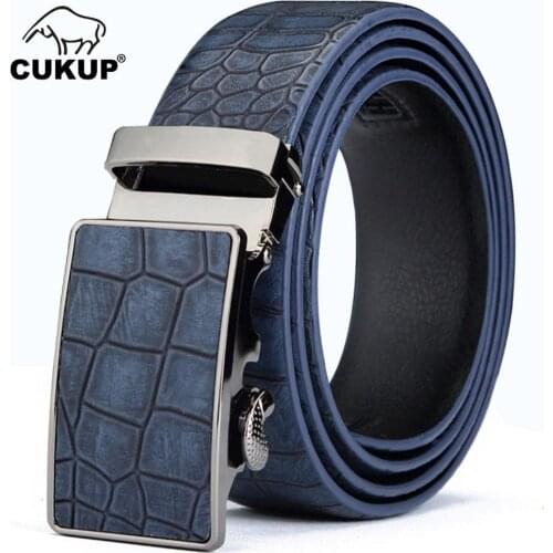 CUKUP Mens Leather Cover Automatic Buckle Metal Belts Quality Crocodile Stripes Blue Cow Skin Accessories Belt for Men NCK133