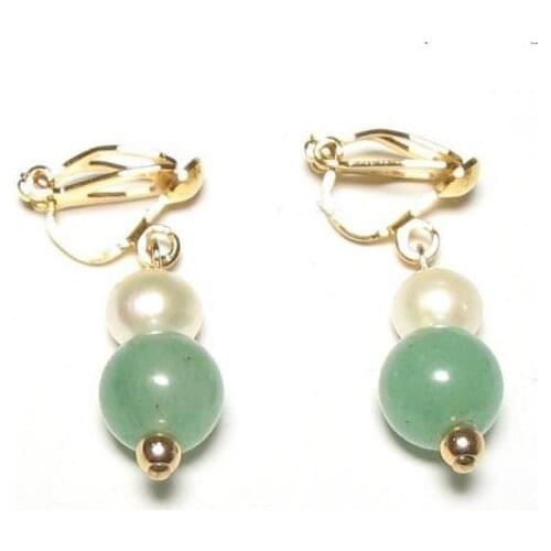 New Favorite Pearl Store Genuine White Real Pearl Green Jade 18K YGP Clip On Earring Wedding Party Perfect Lady Gift