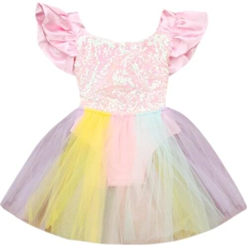 Baby Party Birthday Princess Dress Cute Toddler Baby Girl Sleeveless Rainbow Sequined Lace Princess Romper Детские Платья