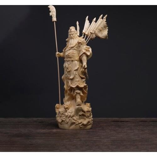 Boxwood 20cm Guanyu Sculpture Three Kingdoms Wood Carving Statue Collection Wealth God Five Flags Guan Gong Feng Shui Home Decor