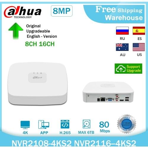 Dahua Original 4K NVR NVR2104-4KS2 NVR2108-4KS2 NVR2116-4KS2 4/8/16CH 1U Lite Network Video Recorder H265 For IP Camera System