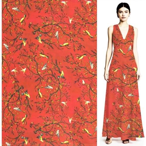 Tree and bird print silk Crepe DE chine fabric on red bottom 140cm width,SCDC983
