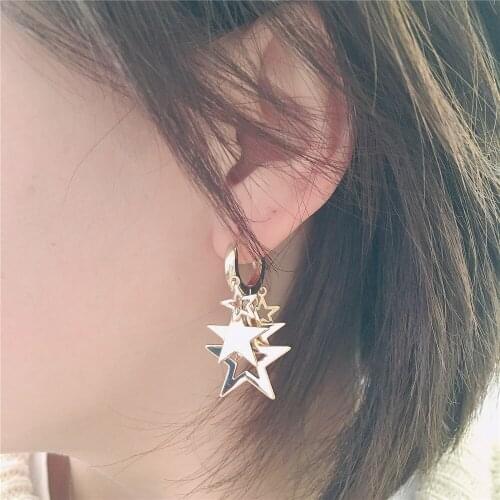 Trendy Gold Color Plating STAR Dangle Charm Hoop Earrings For Women Girl Chic Elegant Gorgeous Lovely Sweet Jewelry Accessory