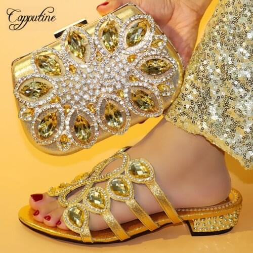 Capputine Latest Decorated With Rhinestone Shoes And Bag Set 2019 European Style High Heels Shoes And Purse Set For Party
