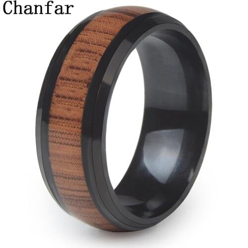 Chanfar Vintage Never Fade Black Stainless Steel Wood Grain Ring Women Men Finger Engagement Wedding Rings Jewelry