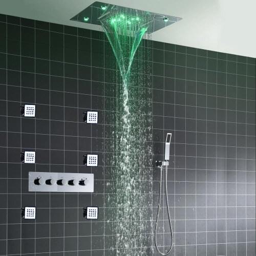 Thermostatic Multi Function Shower System Rainfall Waterfall 304 Stainless Steel Shower Head Faucet Set Massage Body Jets