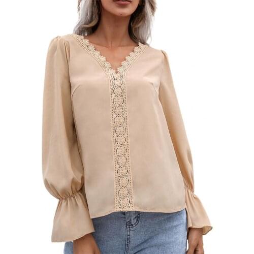 2021 Women Tops V-neck Lace Patchwork Hollow Out Long Sleeve Blouse Chiffon Shirt Flare Sleeve Spring Autumn Loose Pullover Top