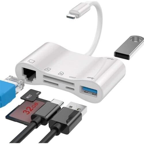 6 in 1 For iPhone Card Reader Adapter For Lightning, LAN 100Mbps Ethernet RJ45 Adapter OTG USB SD TF Card Reader For iPad