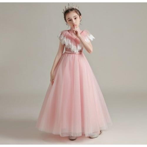 Ball Gown High Neck Embroidery Ankle-Length Ruffles Short Sleeves Kids Party Communion Dresses Girl Dresses For Weddings DH037