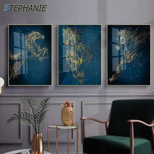 Nordic Blue Red big Poster Abstract Animal Golden Horse Canvas Wall Art Print Home Painting Decor Pictures for Living Room Saudi