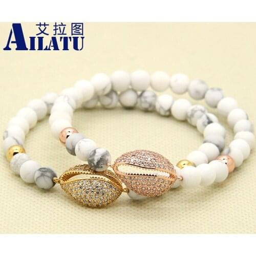 Ailatu 6mm High Grade White Howlite Stone Micro Pave Piranha Cubic Zirconia Seashell Bracelet