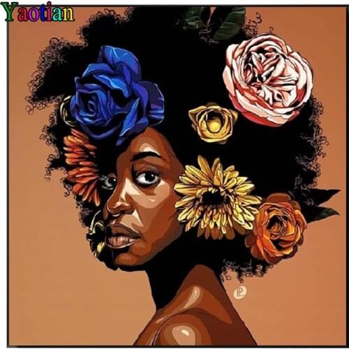Black African Woman With Flowers 5d diy diamond painting full square round drill diamond embroidery rhinestone needlework art