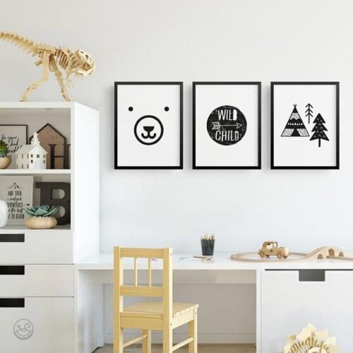 Black White Cartoon Bear Tent Arrow Poster Wild Child Quotes Canvas Painting Wall Art Pictures for Baby Kids Room Decor