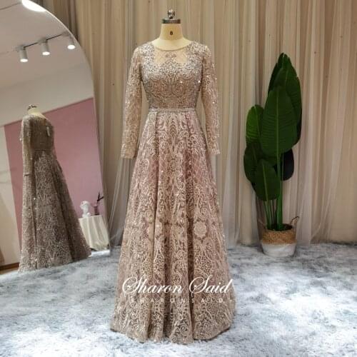 Elegant Nude Muslim Evening Dress Long Sleeve Luxury Crystal Dubai Plus Size Women Formal Dresses for Wedding Guest Party Gowns