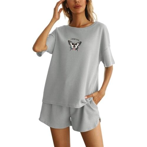 O Neck Butterfly T-Shirts Lounge Wear Set for Women Waffle Knit Short Casual Sports Suit with Shorts Shorts and Top Female