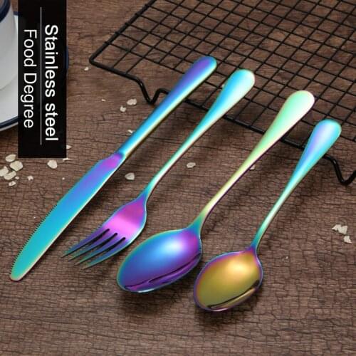 Personalized (1set ) Rainbow Dinner Set Wedding Travel Cutlery Set 18/10 Stainless Steel Dinner Knife Fork Scoops Silverware Set