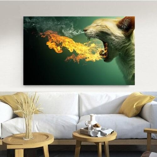 Creative Painting Cat Breathing Fire Wall Art Canvas Posters and Prints Canvas Painting Picture Print for Living Room Home Decor