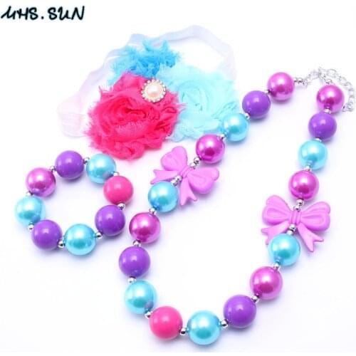 MHS.SUN Baby Kids Chunky Necklace Bracelet Headband Set Fashion Acrylic Beads Chunky Necklace Jewelry Set For Children Girls