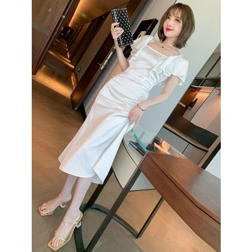 Joining together of lotus leaf sleeve new simple pure color dress in summer