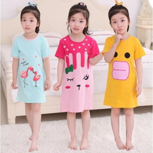 New Summer Cute Sleep Dresses For Girls 2-16 Years Cartoon Printed Pajamas Clothing Pink Yellow Blue Gray Sleepwears Night Wears
