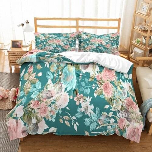 New 3D Rose Print Bedding Set Down Comforter Bed Pillowcase 2/3 Set Single and Double Full Size Fresh Pastoral Style Bedding