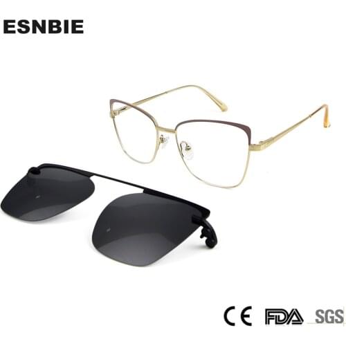 Trendy Cateye Optical Eyeglasses Magnetic Clip On Sunglasses Women Polarized Metal Frame Glasses UV400 Prescription Glasses