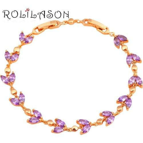 ROLILASON fancy design Purple crystal Zircon shinning Golden charm bracelet for women dinner fashion jewelry TB823