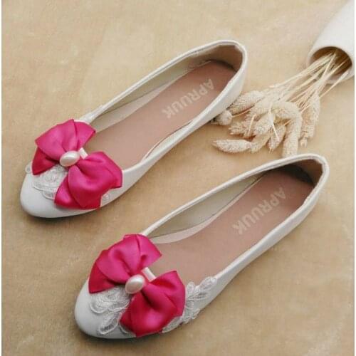 Pink bow butterfly-knot flats shoes woman ladies flower girls party dinner proms ceremony bridal lace wedding pink flats shoes
