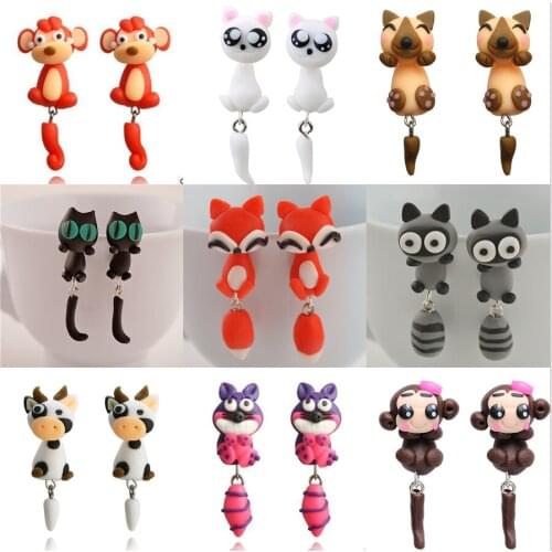 New Fashion Personality Acrylic Clay Animal Ear Studs Girl Cute 3D Cartoon Fox Cat Color Earrings Women Handmade Jewelry Gifts