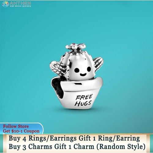 Ahthen 925 Sterling Silver Beads Free Hugs Cactus Charms fit Original Pandora Bracelets for Women Jewelry Making Birthday Gift
