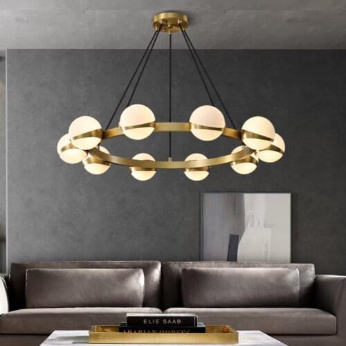 Modern living Room Copper Chandelier Lamp Luxury Bedroom Chandelier Lighting Circle Light Fixture Glass Ball LED Lamp