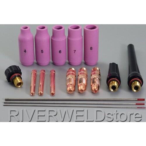 TIG Welding Torch Ceramic Nozzles Collets Body 2% Thoriated Tungsten KIT Fit WP-17 WP-18 WP-26 Consumables Accessories, 17pcs