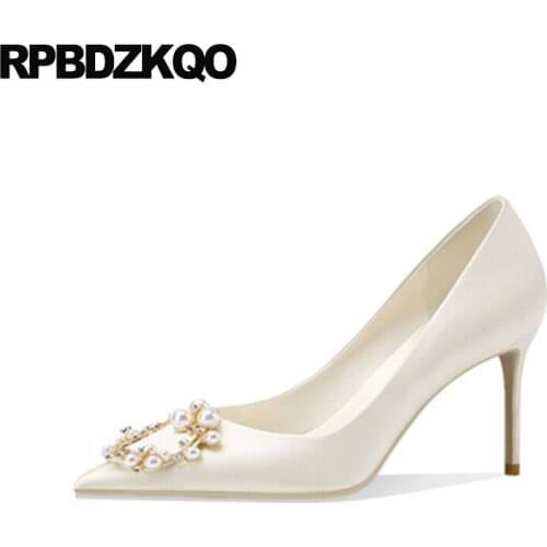 Stiletto High Heels Pearl Pointed Toe Pumps Women Silk Dress Ivory Wedding Shoes 3 Inch Crystal White Diamond Bridesmaid Satin