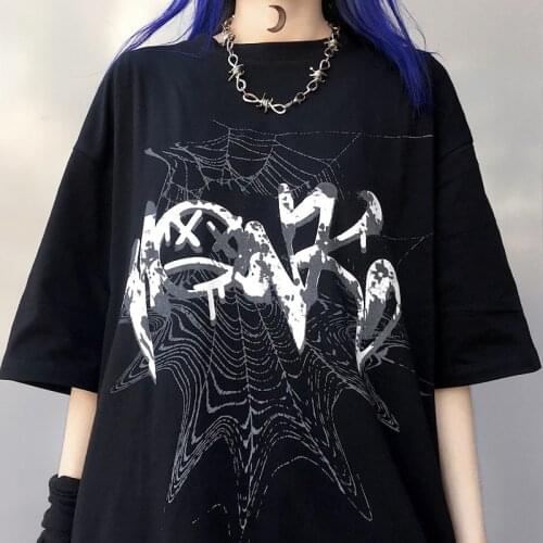 Goth Black Dark Anime Demon Graphic Print Tops Tee Korean Style Plus Size Women T-Shirt Punk Harajuku Clothes Y2K Vintage Korean