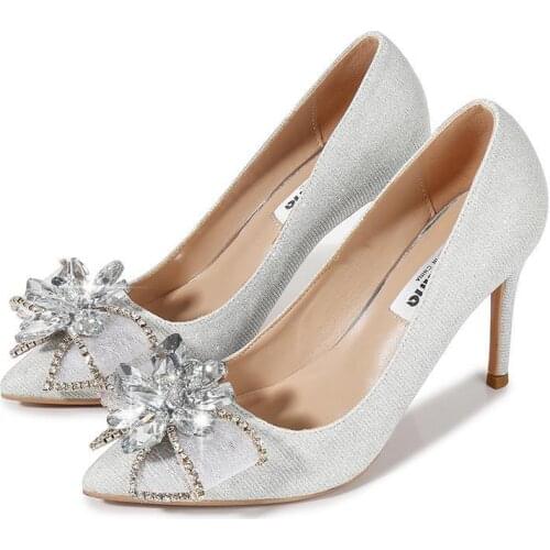 Women Thin High Heels Female Shoes Classics Basic Party Women Pumps None-Woven Slip On 9CM Pointed Toe Rhinestones Bling Shallow