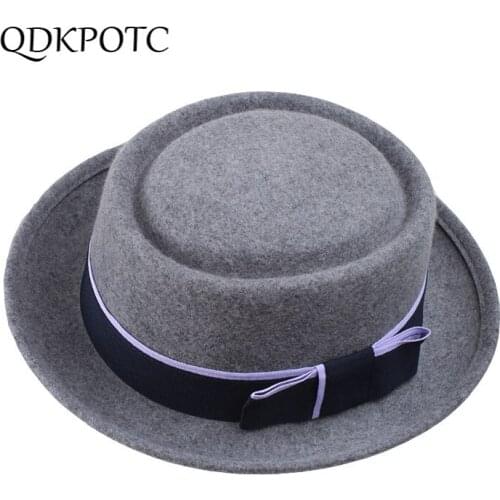 QDKPOTC Autumn Winter Women Bowler Small Fedoras Solid Color Bowknot Wool Felt Hat For Men Fedora Hat Fashion Volume Eaves Cap
