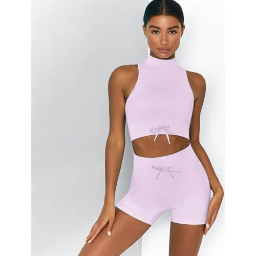 2Pcs Women Sportswear Energy Seamless Yoga Sets Bubble Butt Shorts+Sleeveless Shirts Drawstring Fitness Sets Running Gym Suits