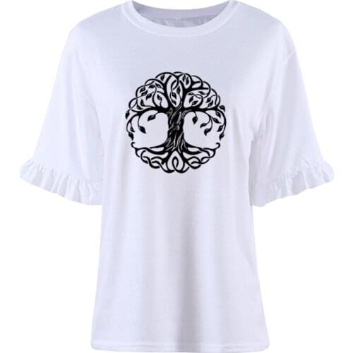 Mandala Circle Trees T-Shirt Tree Women Loose Cotton Petal Sleeve Female TShirts Fashion Loose Clothes Tees Streetwear Camisetas