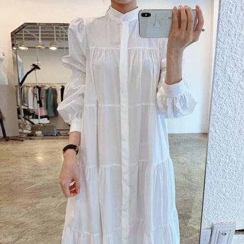 Long Sleeve Party Spring Runway Vintage Elegant Autumn Dress Luxury A-Line 2021 Dresses Women High Waist Puff Sleeve Solid White