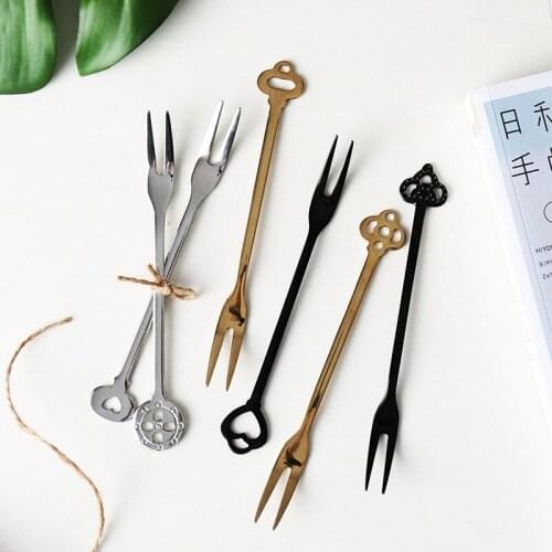 6pcs Stainless Steel Salad Fruit Forks Creative Cake Cocktail Dessert Fork Kitchen Accessories Tableware Gold for Party Kitchen