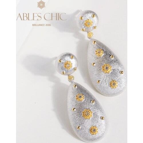 925 Silver 18K Gold Tone Brushed Teardrop Dangling Flower Earrings CZ Vintage Silk Flower Bridal Fine Jewelry Wholesale