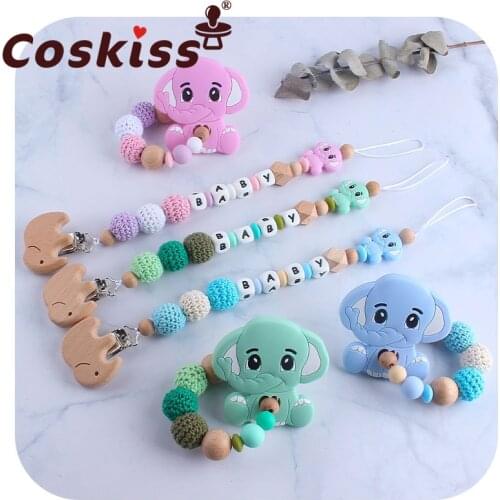 Coskiss Elephant Set Pacifier Clips Holder Chain Silicone Beads Plastic Letter BPA-Free Infant Newborn Dummy Nipple Chain