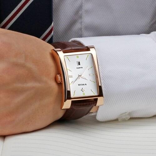 Montre homme Casual Leather Watches Mens WWOOR Famous Brand Luxury Gold Square Men Watch Business Waterproof Wristwatch Box 2020