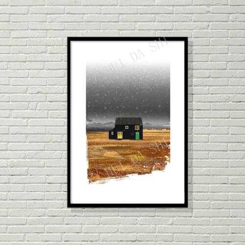 Black Scandinavian cabin in the snow, retro midcentury 1960s scandi Illustration print/poster - Architecture print