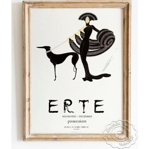 Erte Exhibition Art Nouveau Museum Poster, Black And White Vintage Prints, Lady And Greyhound Fashion Art Deco Canvas Painting
