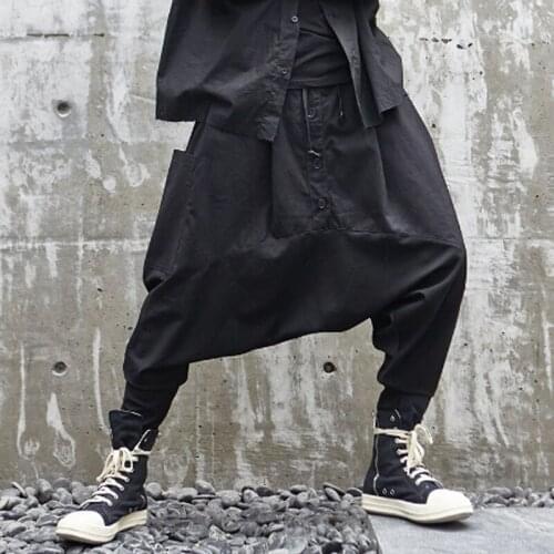 Homens estilo japão solto casual para baixo virilha harem calças masculino streetwear hip hop calças góticas masculino joggers s