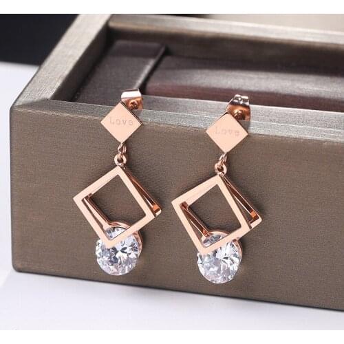 Classic Cubic Zirconia Earrings Women Jewelry 2021 New Titanium Steel Colorfast Rose Gold Color Hollow Square Earrings