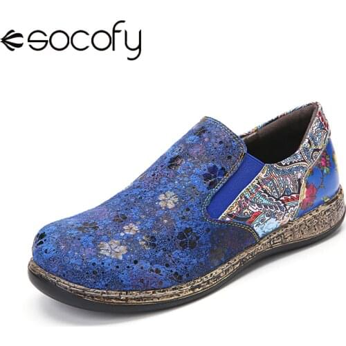 Socofy Retro Floral Print Splicing Flats Elastic Band Soft Slip On Loafers Shoes Women Bohemia Style Shoes Summer Flat Shoes